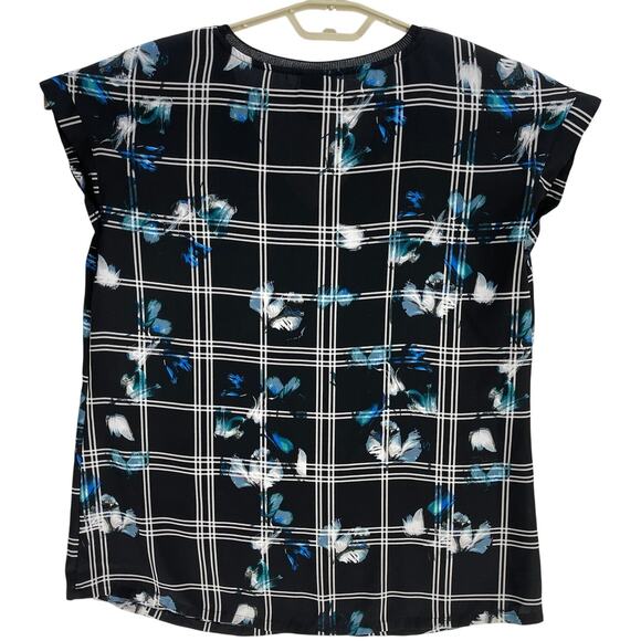 Worthington Top Blouse Women Medium M Black Blue Floral Print Semi Sheer V-Neck - Picture 3 of 7